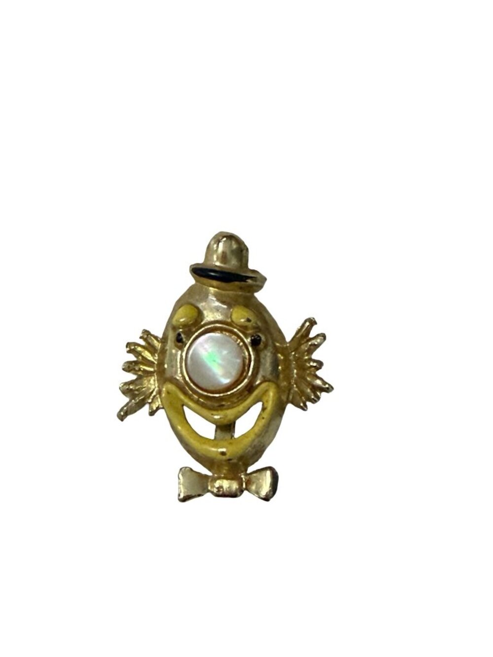 Vintage Gold Tone Anthropomorphic Egg Brooch Iridescent Cabochon Clown Pin